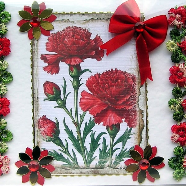 Red Carnation Flowers - Hand Crafted Decoupage Greeting Card - Blank 2812