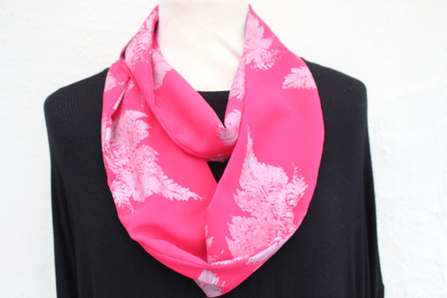 Pink infinity scarf, up-cycled scarf, silver fern leaf hand printed soft scarf