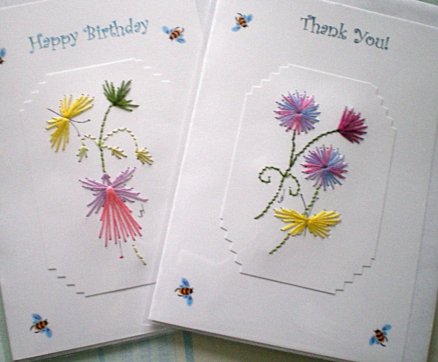 Two Hand embroidered cards,Colourful designs, and painted bees, R 65