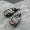Copper Wire Wrapped Snowflake Obsidian Drop Earrings Sterling Silver Ear Wires