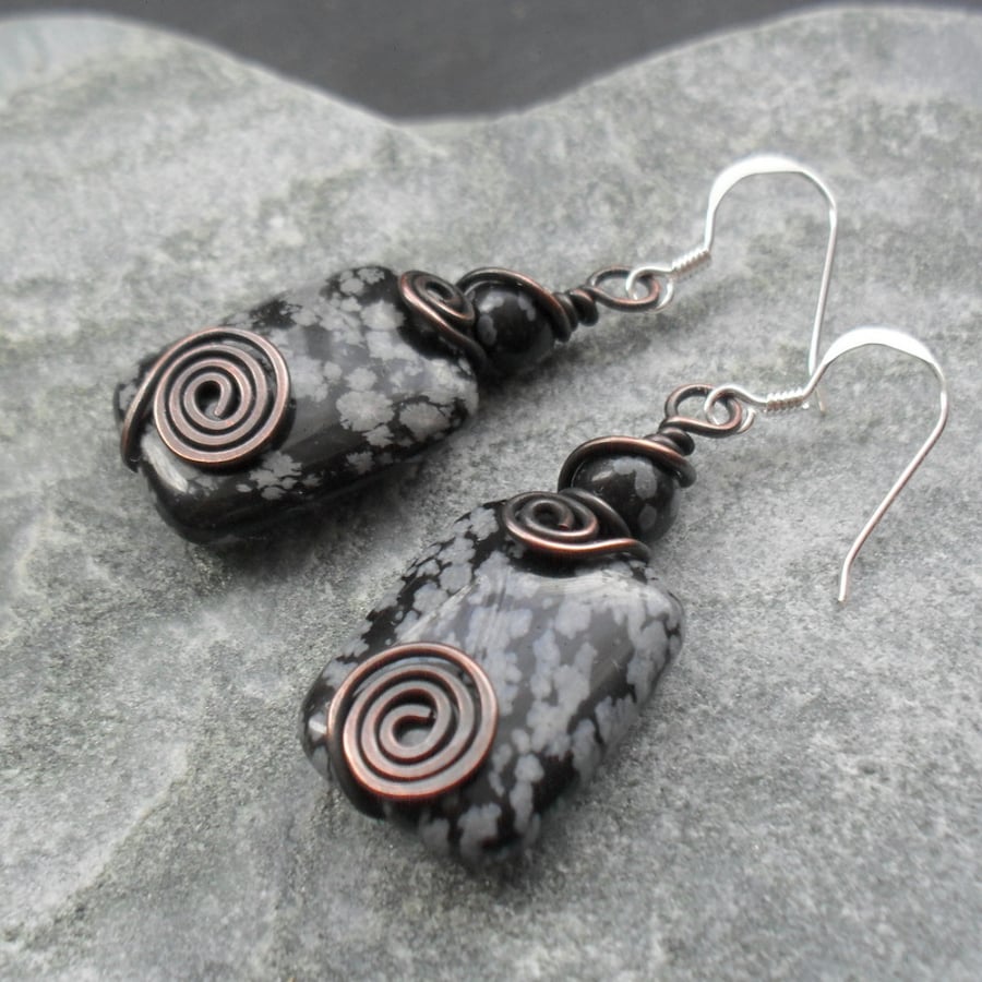 Copper Wire Wrapped Snowflake Obsidian Drop Earrings Sterling Silver Ear Wires