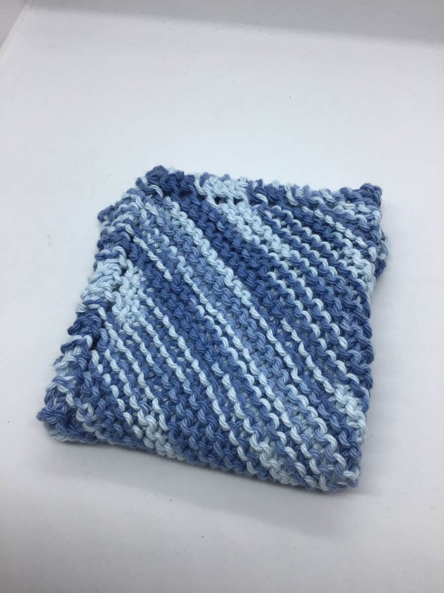 Hand Knit Cotton Dishcloth Blue 