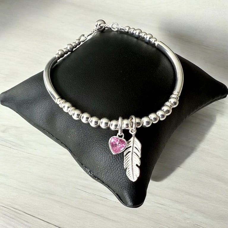 Sterling Silver Feather & CZ Pink Heart Charm Bracelet, Adjustable Slider Clasp
