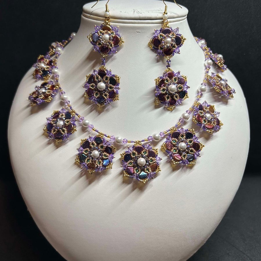 Black Dahlia Seed bead and Crystal Necklace and matching Earrings set