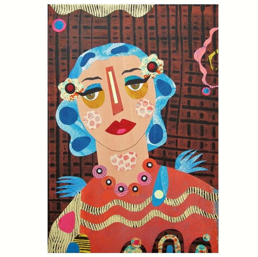 Female Portrait Woman Figure Large Mixed Media Collage Colourful Painting