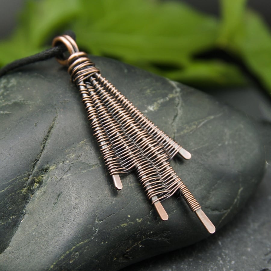 Copper Ripple Pendant - Copper Wire Woven Long Pendant Necklace