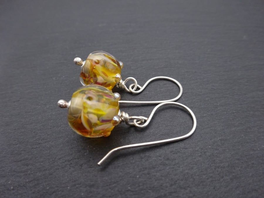 sterling silver earrings, yellow and brown lampwork glass jewellery