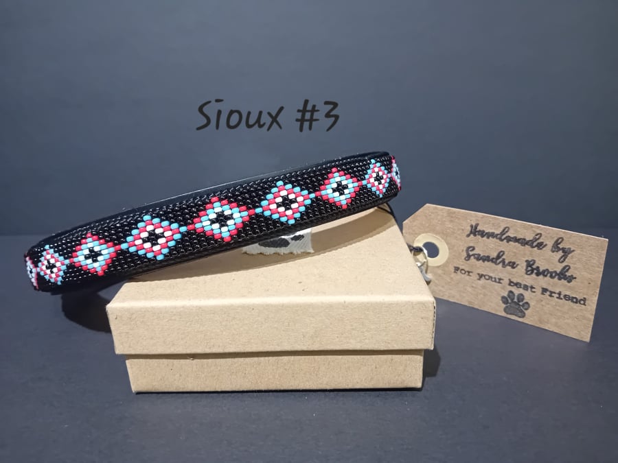 Bespoke Handmade Hand Beaded Leather Unique 14-17" Dog Collar. Sioux (3) Design