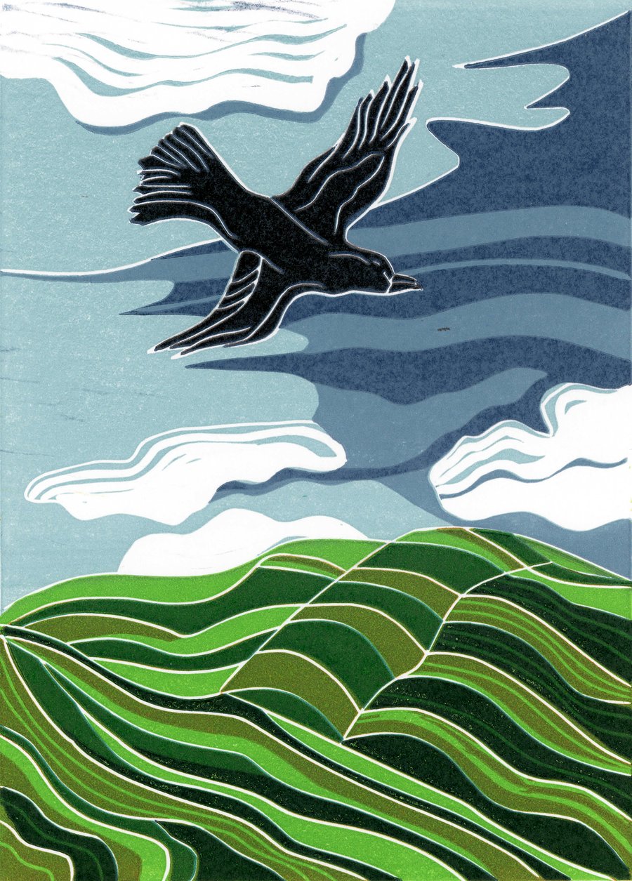 Crow Flies over the Wiltshire Downs, lino print.