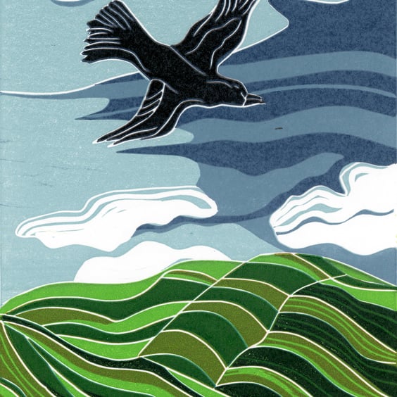 Crow Flies over the Wiltshire Downs, lino print.