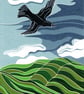 Crow Flies over the Wiltshire Downs, lino print.