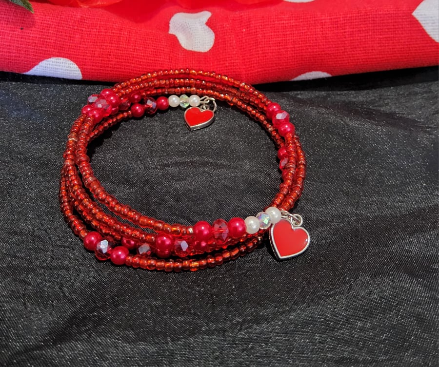 Valentines Memory Wire Bracelet - Red and White