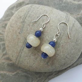 Sterling Silver Drop Earrings with blue Sodalite and white Charm Beads 