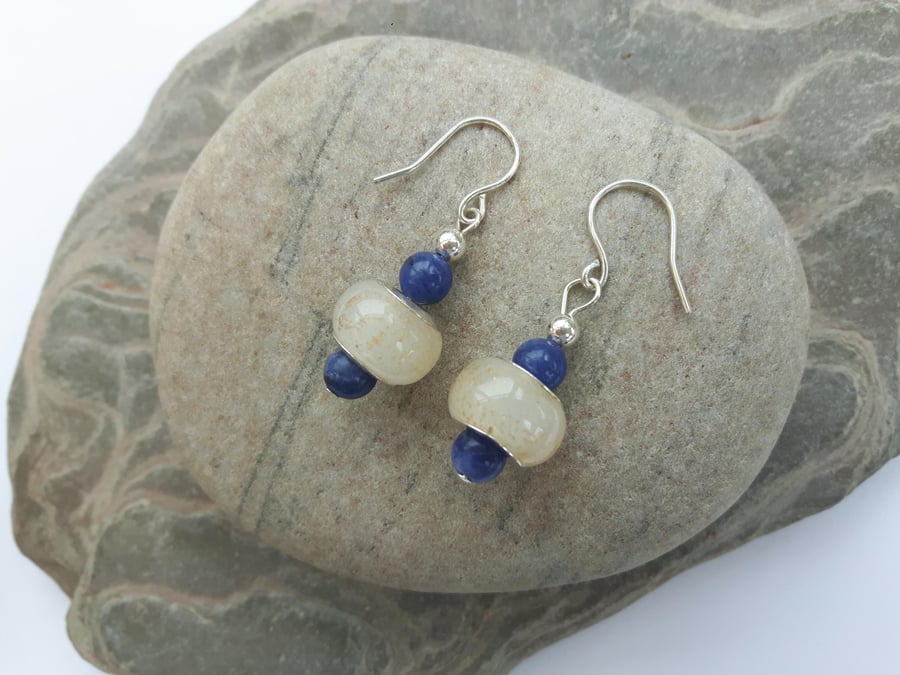 Sterling Silver Drop Earrings with blue Sodalite and white Charm Beads 