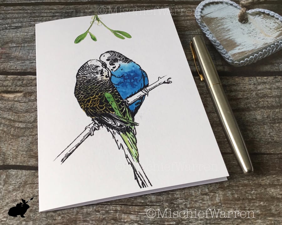 Budgie Christmas Card. Budgerigar handmade Christmas card.