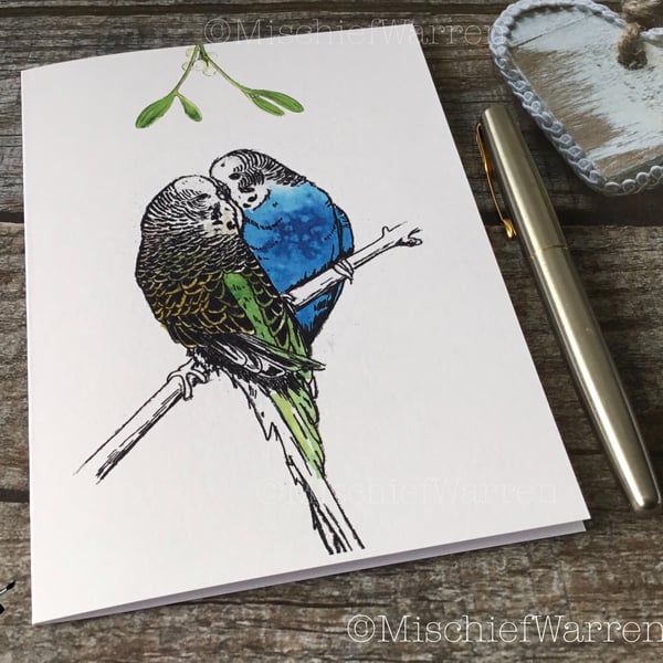 Budgie Christmas Card. Budgerigar handmade Christmas card.