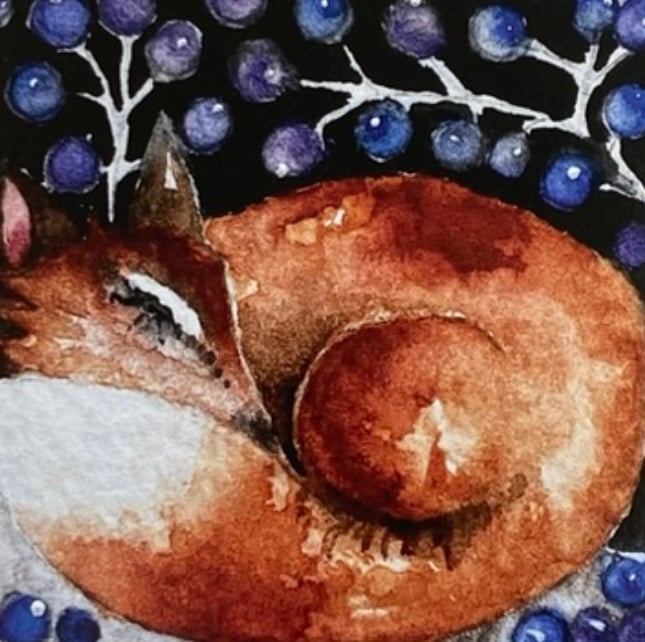 Edition Whimsy Sleeping Fox under the Berry Bush Watercolour 