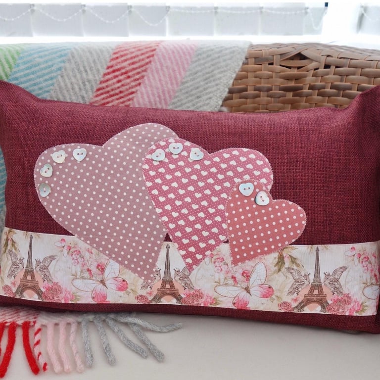 Hearts & Paris: Appliqué Cushion 46x30cm