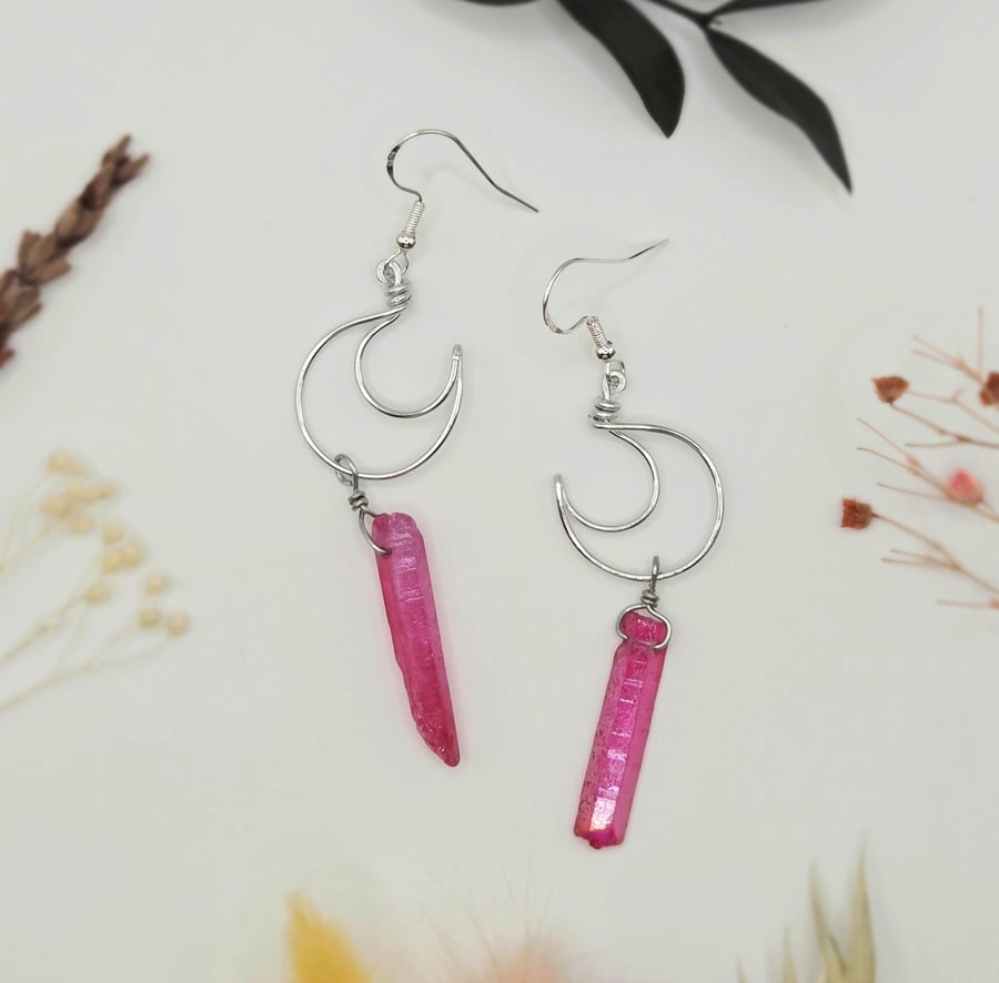 Pink Aura Quartz Crescent Moon Earrings with Sterling Silver Hooks