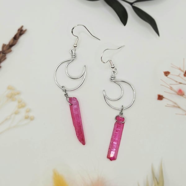 Pink Aura Quartz Crescent Moon Earrings with Sterling Silver Hooks