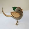 Tweed Bird, Handmade Bird, Bird Sculpture, Brown Bird, Green Bird