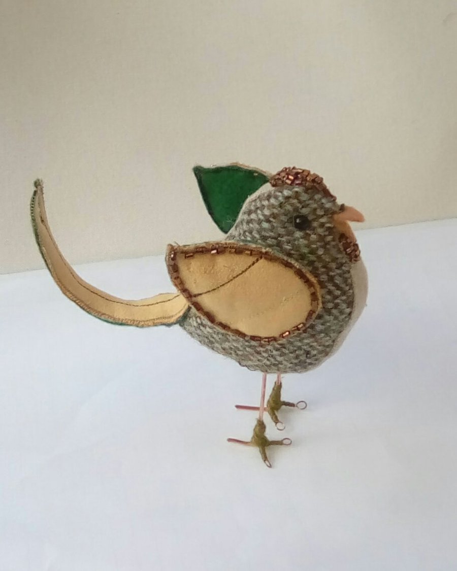 Tweed Bird, Handmade Bird, Bird Sculpture, Brown Bird, Green Bird