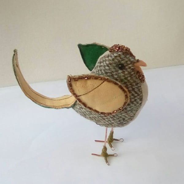 Tweed Bird, Handmade Bird, Bird Sculpture, Brown Bird, Green Bird