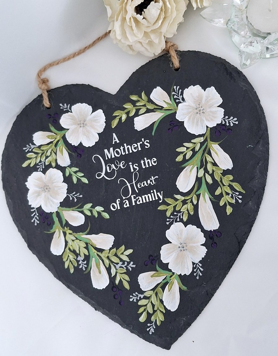 Mothers Day Gift, Hand Painted Large Slate Plaque, Floral Heart shaped Plaque