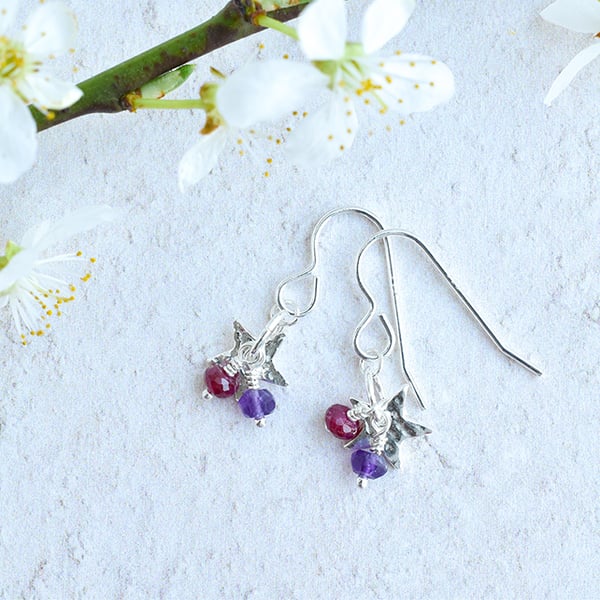 Tiny Flower with Ruby and Amethyst Cluster Earrings