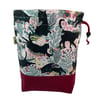 two at a time knitting bag with cats, sock sack, drawstring divided pouch, 