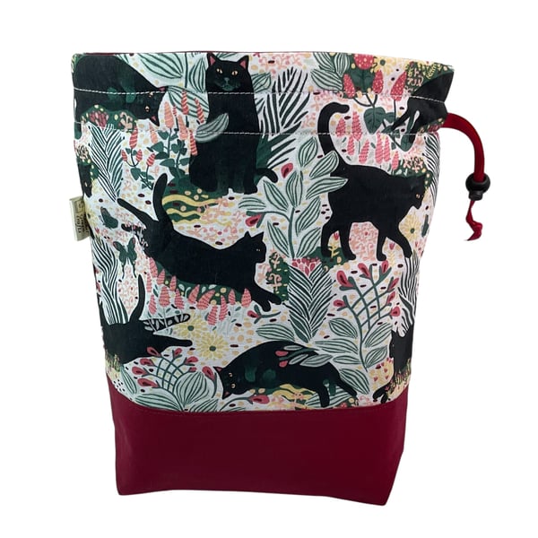 two at a time knitting bag with cats, sock sack, drawstring divided pouch, 