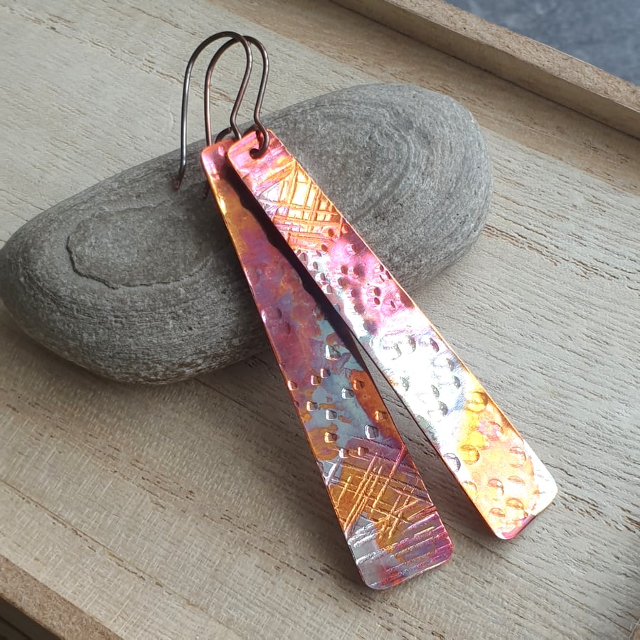 Long Copper Earrings, Flame Painted Earrings, Multicoloured, Oxidised Copper