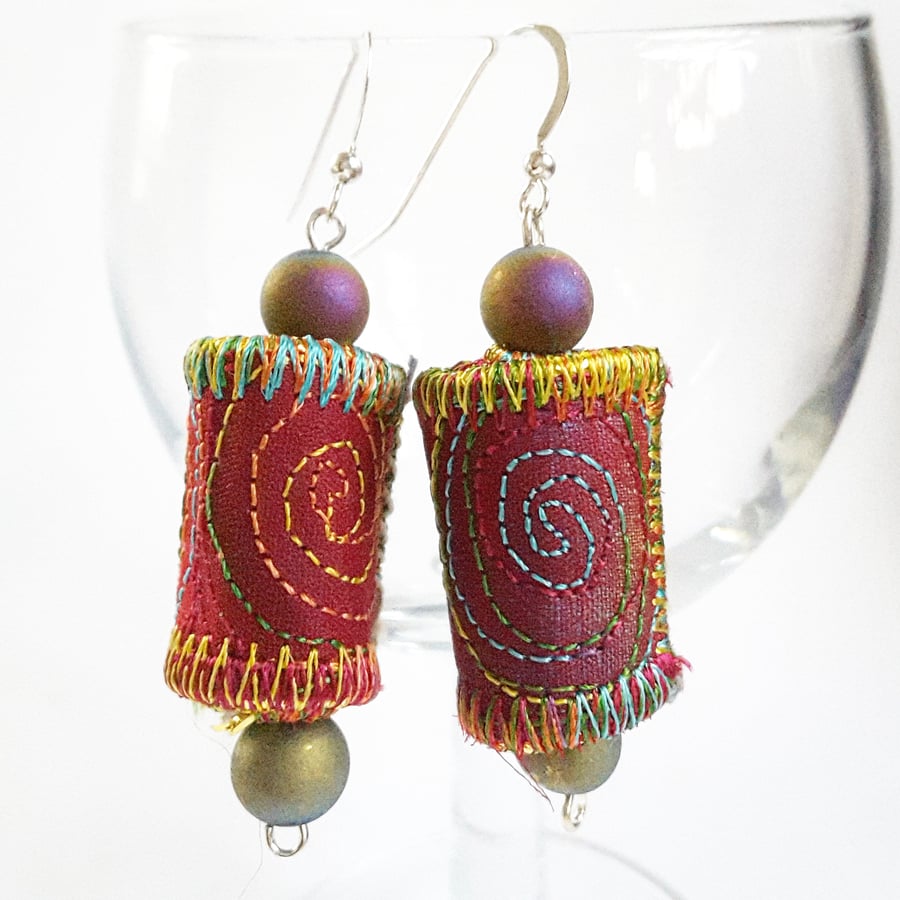 Stitched Silk and Cotton Textile Earrings, Sterling Silver and Druzy Agate Beads