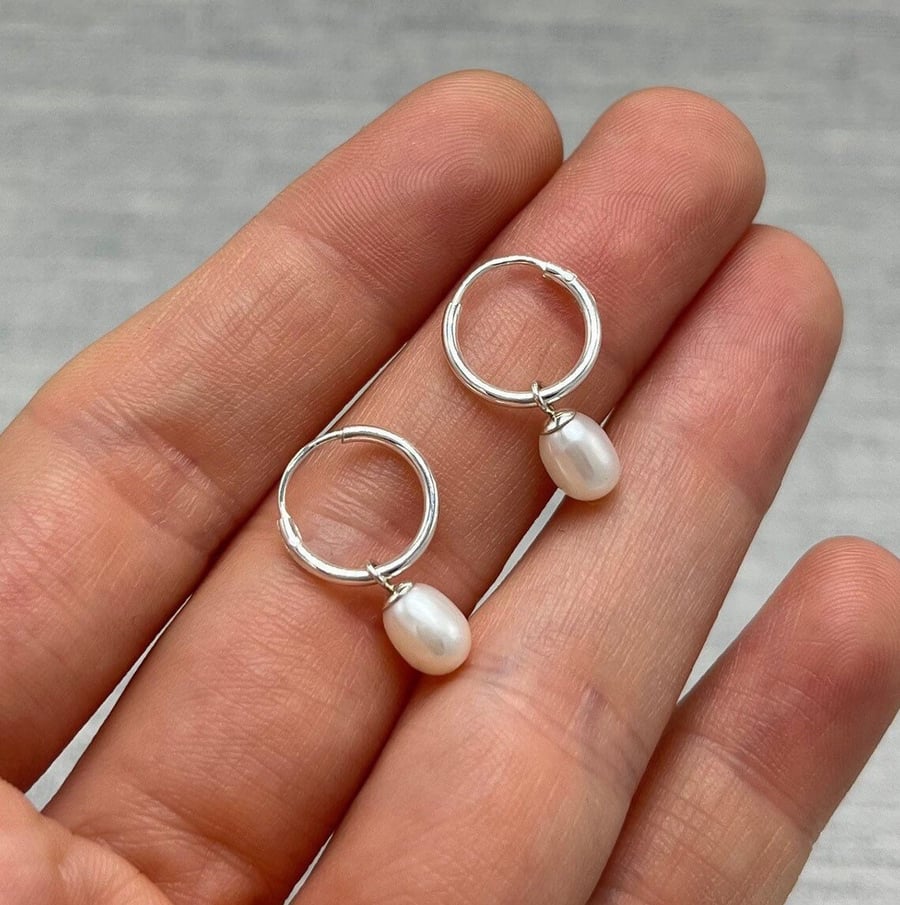 Rice Pearl Petite Hoop Earrings - Handmade, Sterling Silver 