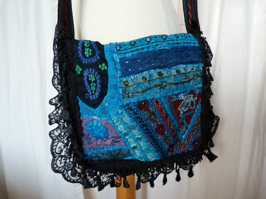 Velvet Shoulder Bag with Lace and Tassel Trim. Fully Lined.  Pocket. Turquoise.
