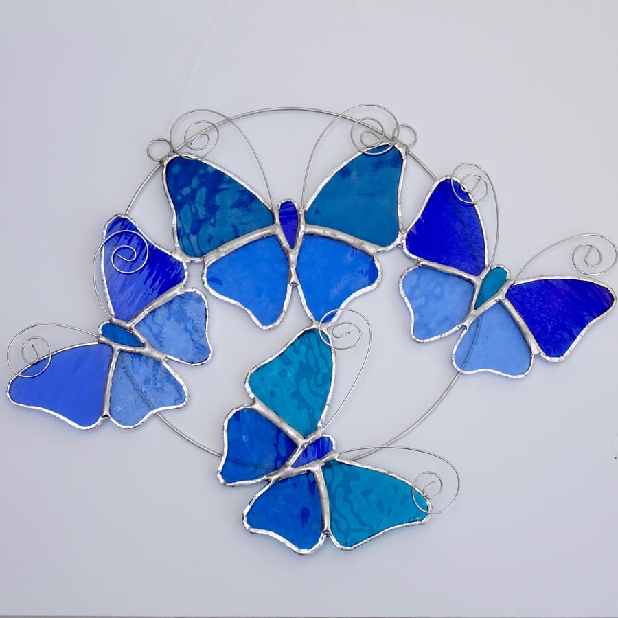 Stained Glass Butterfly Ring - Handmade Hanging Decoration - Blue and Turquoise