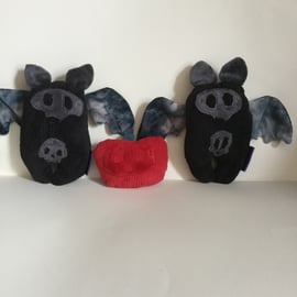 Black and Grey Plushie Bat Handmade with Wings and Skull Logo, Decoration