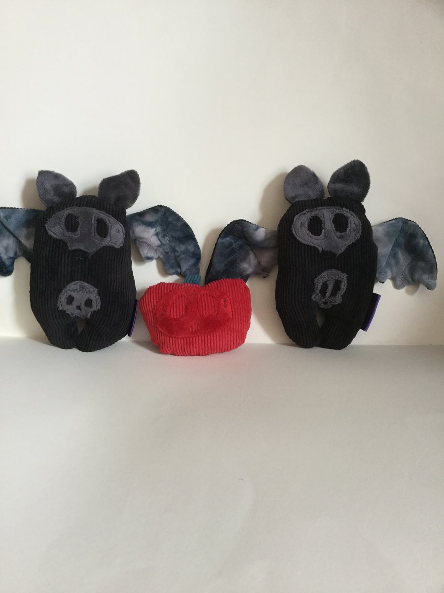 Black and Grey Plushie Bat Handmade with Wings and Skull Logo, Decoration