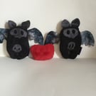 Black and Grey Plushie Bat Handmade with Wings and Skull Logo, Decoration