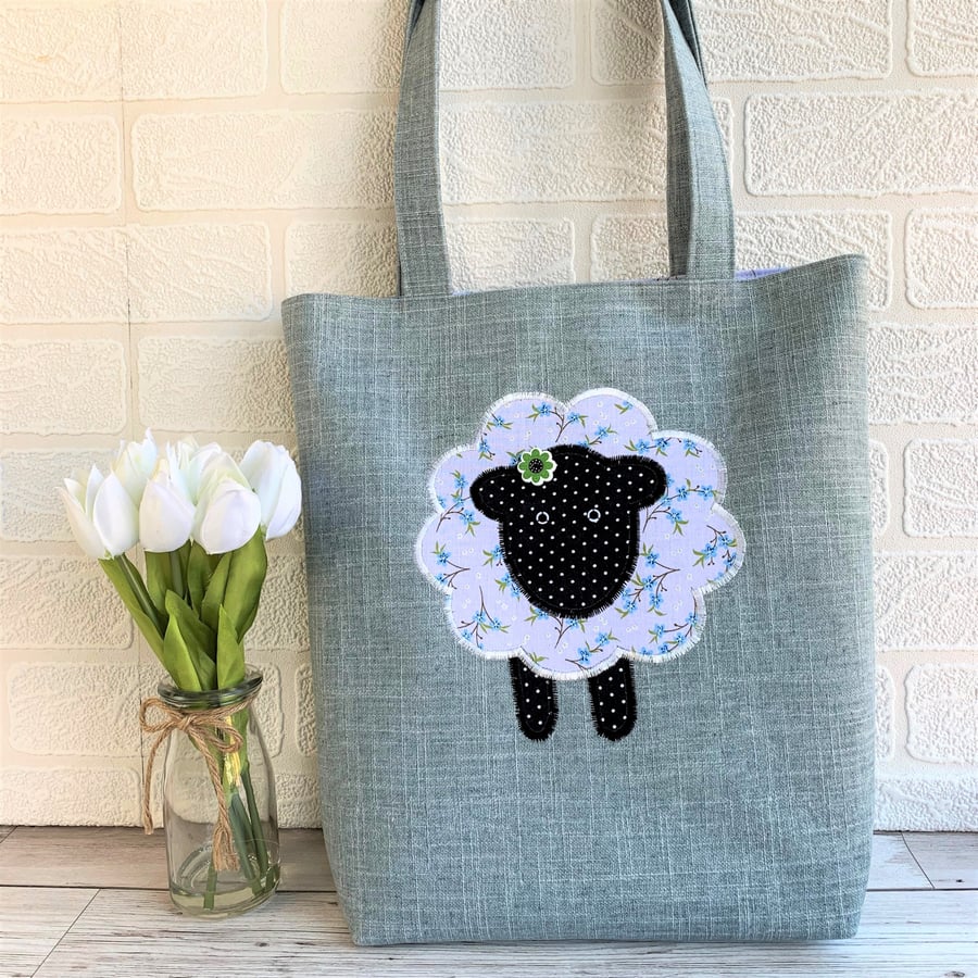 Sheep tote bag in duck egg blue with floral sheep