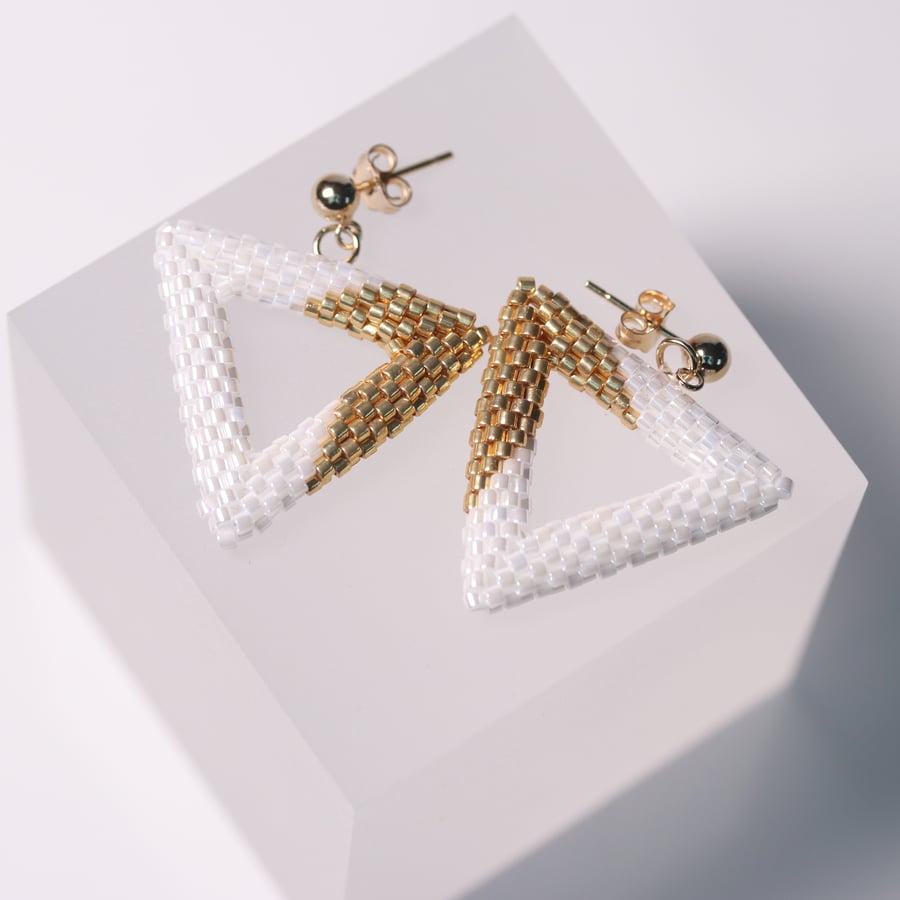 Gold and White Triangle Beaded Earrings