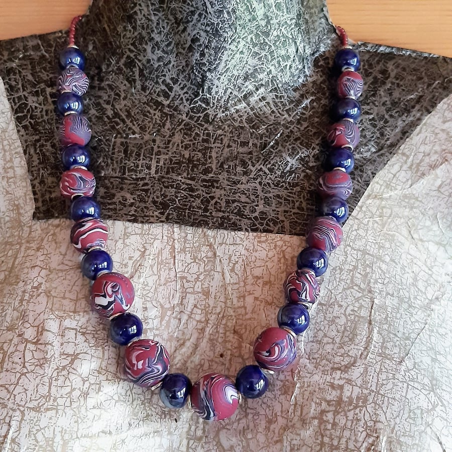 Dark magenta and navy polymer clay necklace