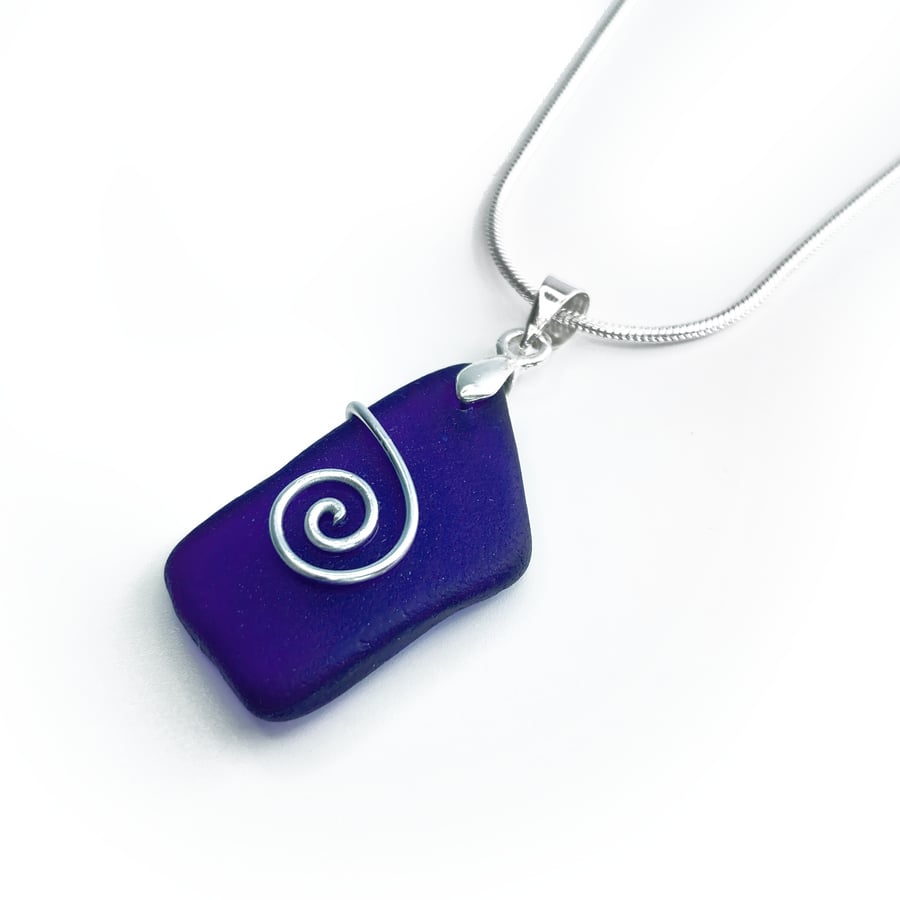 Sea Glass Pendant - Blue Beach Glass, Silver Handmade Celtic Necklace Jewellery