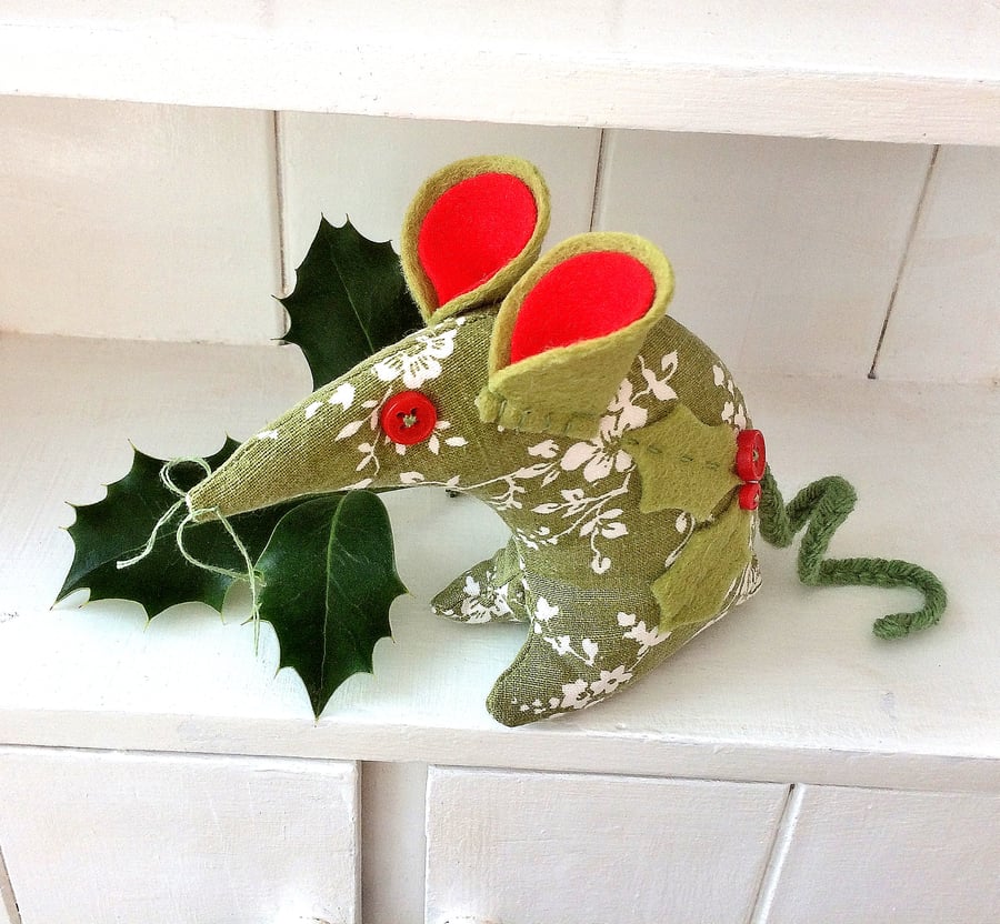 REDUCED  HOLLY - The CHRISTMAS Vintage fabric Mouse 