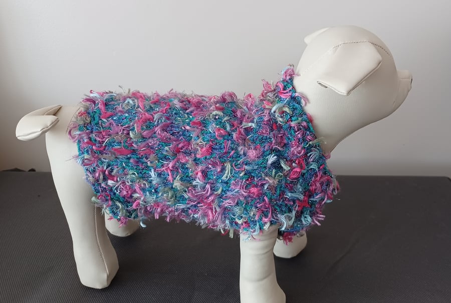 Hand Knitted Small Dog Coat Jade Green With Pinks And Blue Ribbon Tufts (R925)