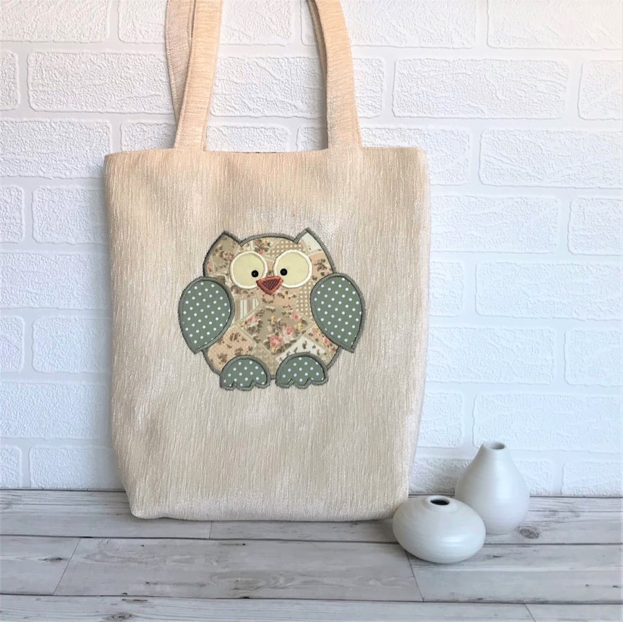 Owl tote bag in cream with beige, peach and sage green patchwork print owl