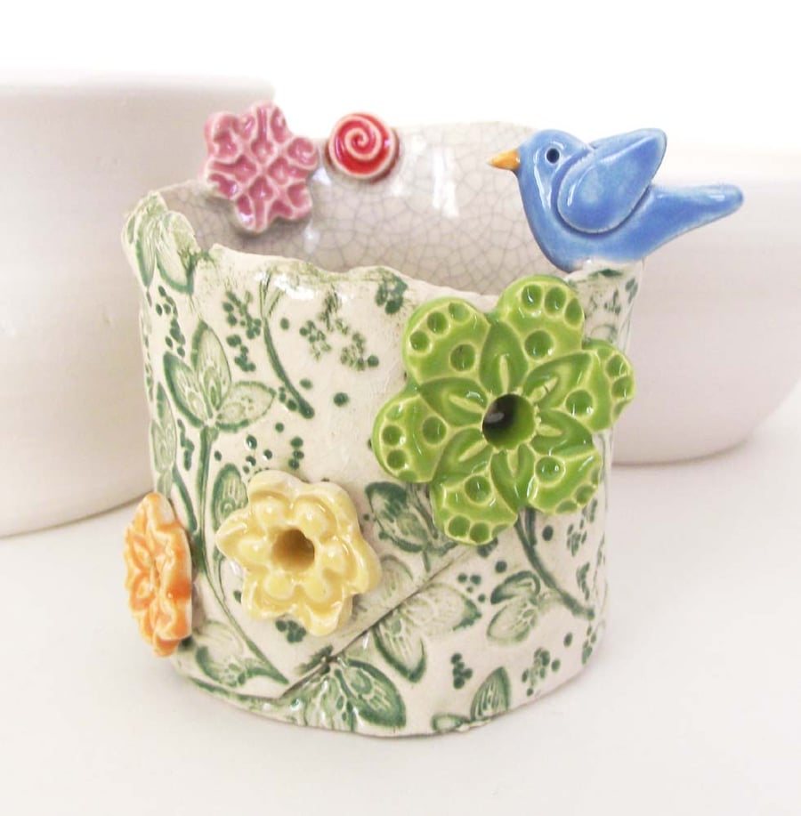 Spring flowers and bird ceramic candle holder