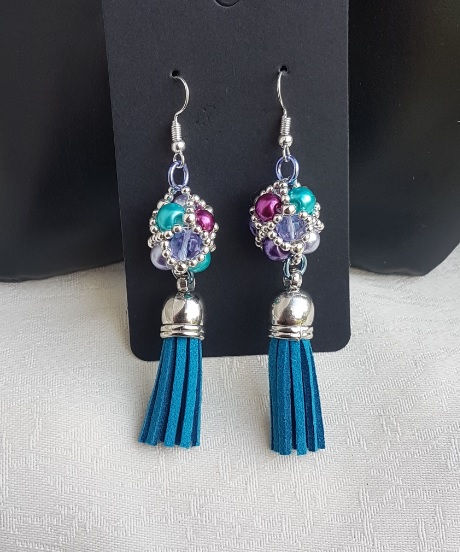 Gorgeous Beaded Bead Tassel Earrings - Peacock colours.
