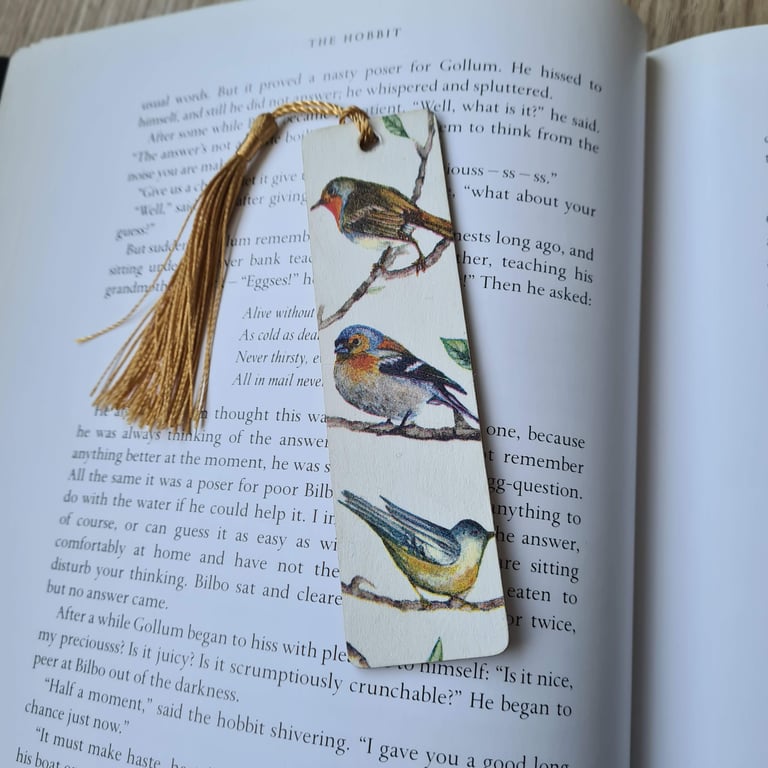 Wooden bookmark bird design decoupage with tassel stocking filler