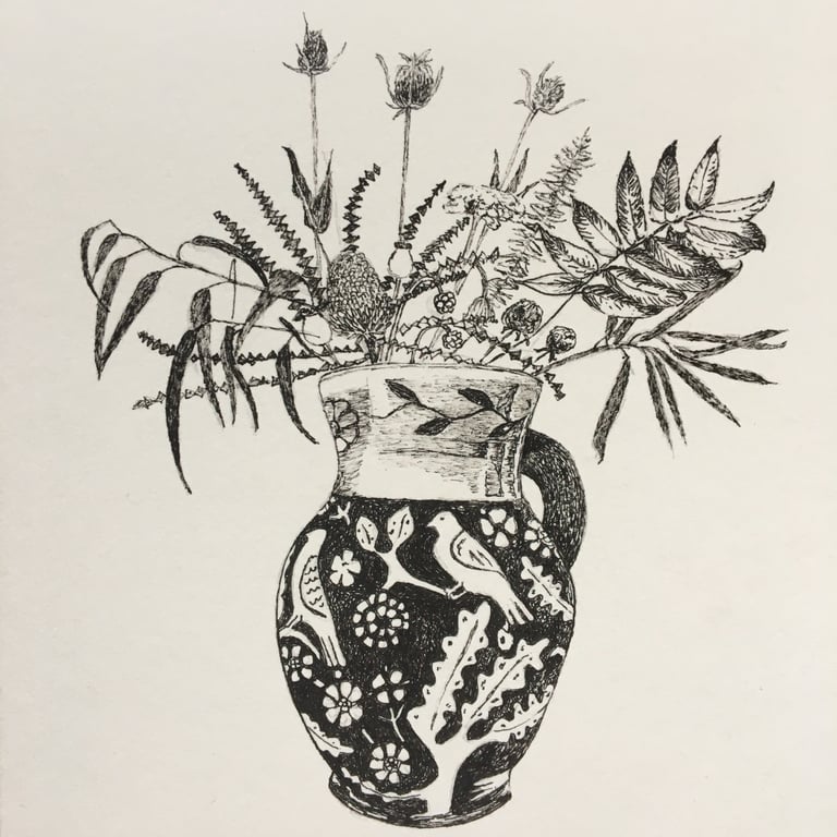 Vase with wild flowers black ink original drawing 